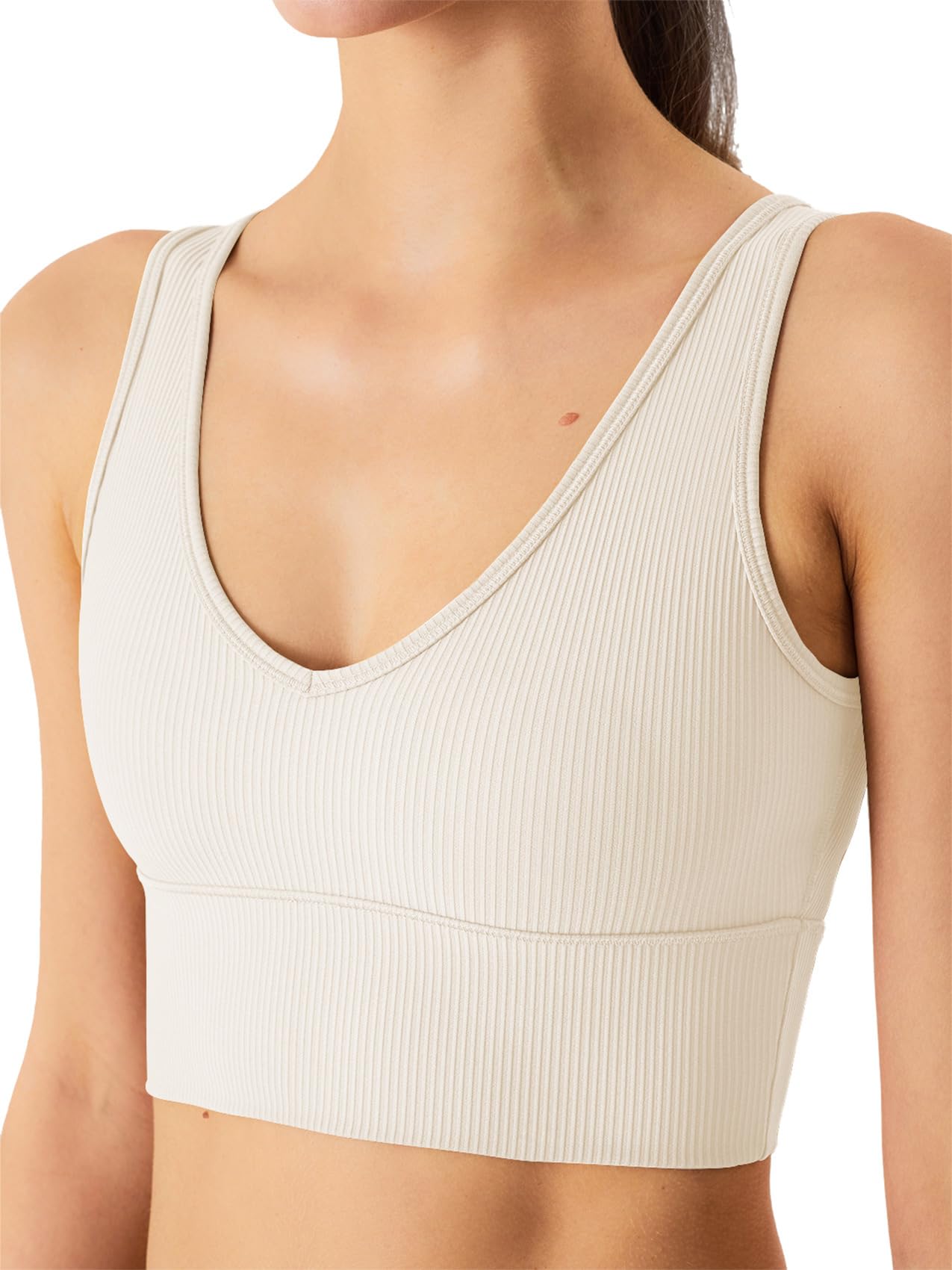 Chilylori Womens Seamless Sports Bra V-Neck Paded Workout Crop Top Tank Tops for Women Longline Sports Bra Cute Ribbed Crop Top Fitness Reversible Bra Tops Workout Sports Bra White L
