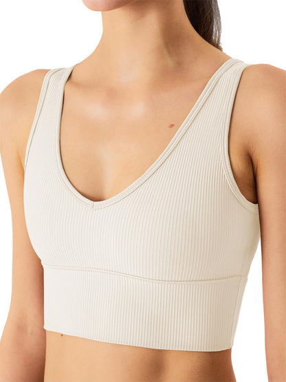 Chilylori Womens Seamless Sports Bra V-Neck Paded Workout Crop Top Tank Tops for Women Longline Sports Bra Cute Ribbed Crop Top Fitness Reversible Bra Tops Workout Sports Bra White L